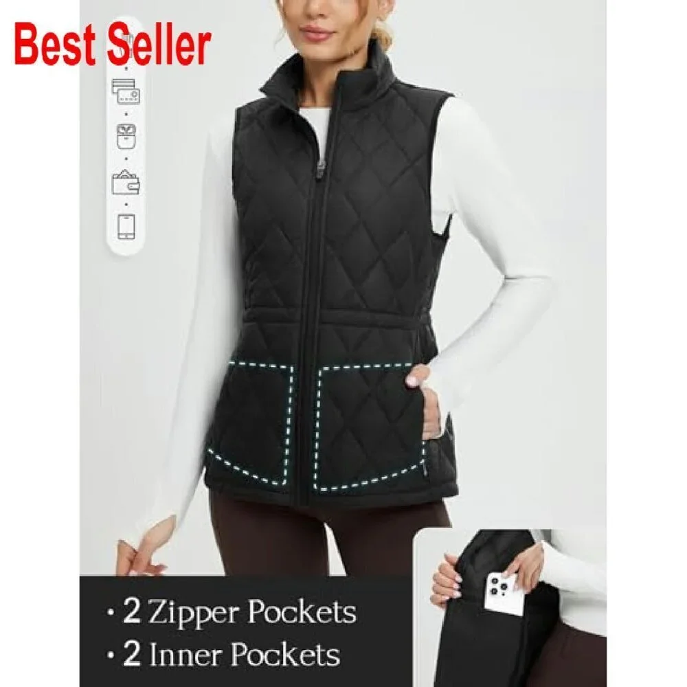 Lightweight Puffer Vest Stand Collar Quilted Golf Water Resistant Zip Pockets